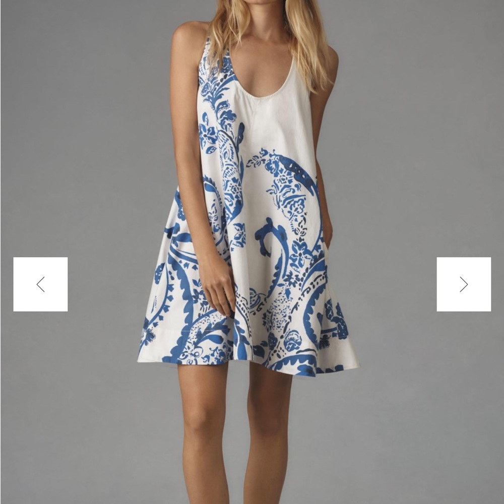 Maeve White Mini Dress with Blue Scroll Print
